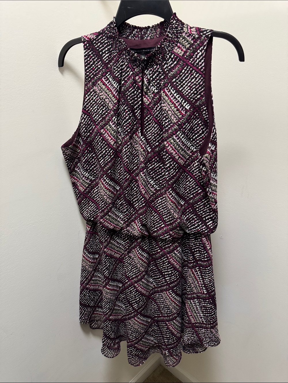 White House Black Market Purple and Black Printed Neckline Blouse